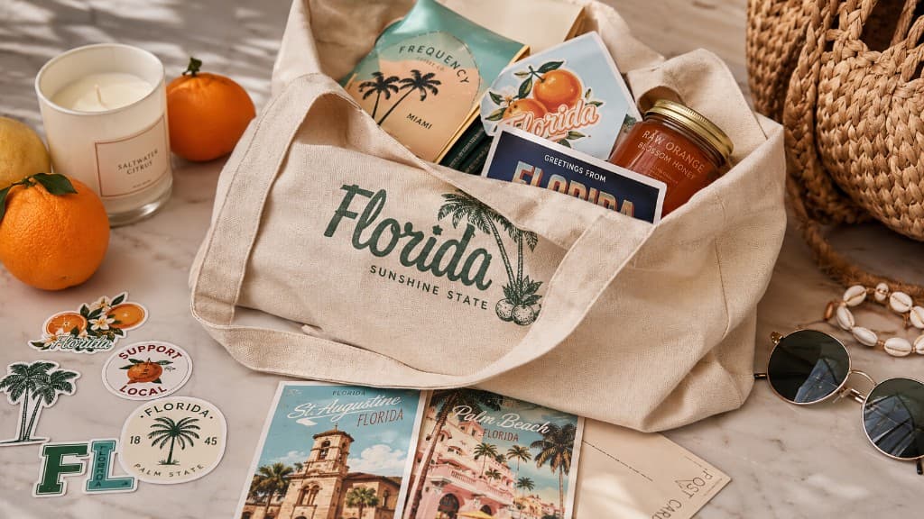Florida-themed gift tote with stickers, postcards, citrus, coffee, honey, a candle, sunglasses, and beachy accessories.