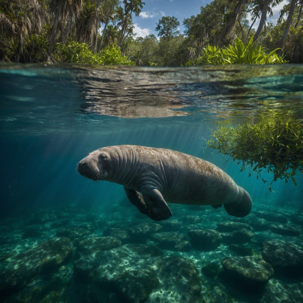 Florida manatee swimming in clear spring water with underwater rocks, sunlight, and lush green shoreline plants.