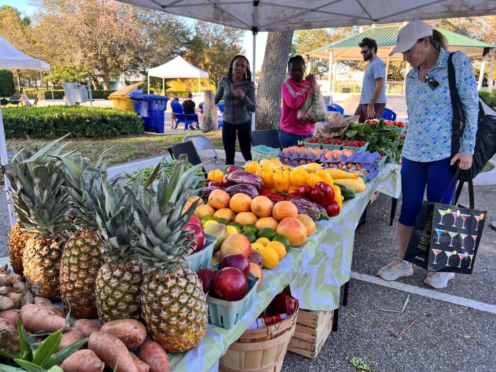 Fresh fruit and vegetables at the West Palm Beach GreenMarket with shoppers browsing a local produce stand.
