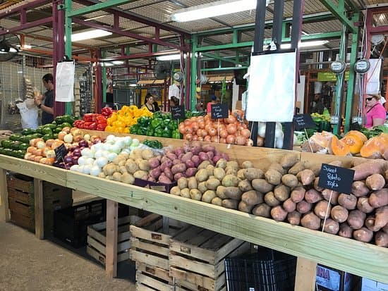 Yellow Green Farmers Market in Hollywood with fresh produce, colorful vegetables, and shoppers browsing an indoor market stand.